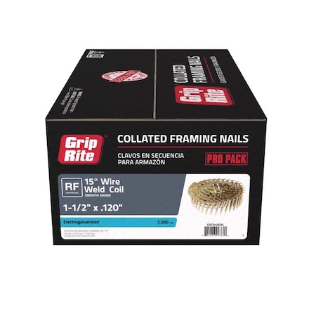 Grip-Rite Collated Roofing Nail, 1-1/2 in L, 11 ga, Electro Galvanized, Round Head, 15 Degrees, 7200 PK GRCR4DGAL